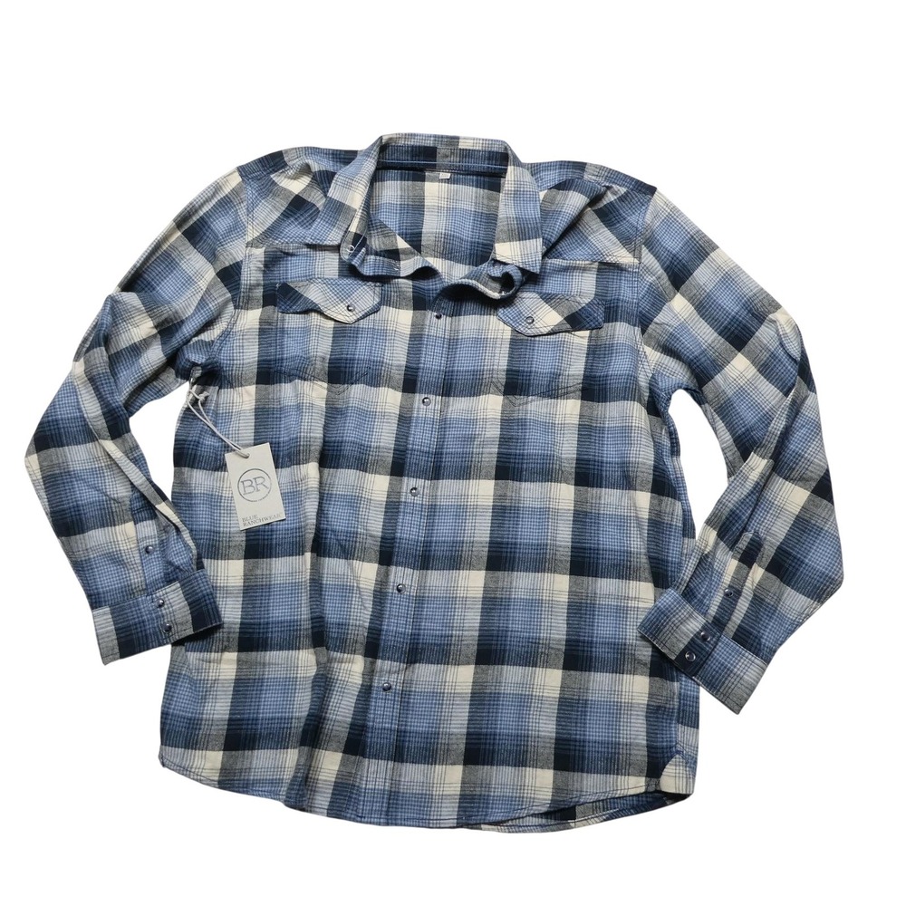 Blue Ranchwear Shirt Mens 2XL Blue Plaid Flannel Long Sleeve Snap Western Casual
